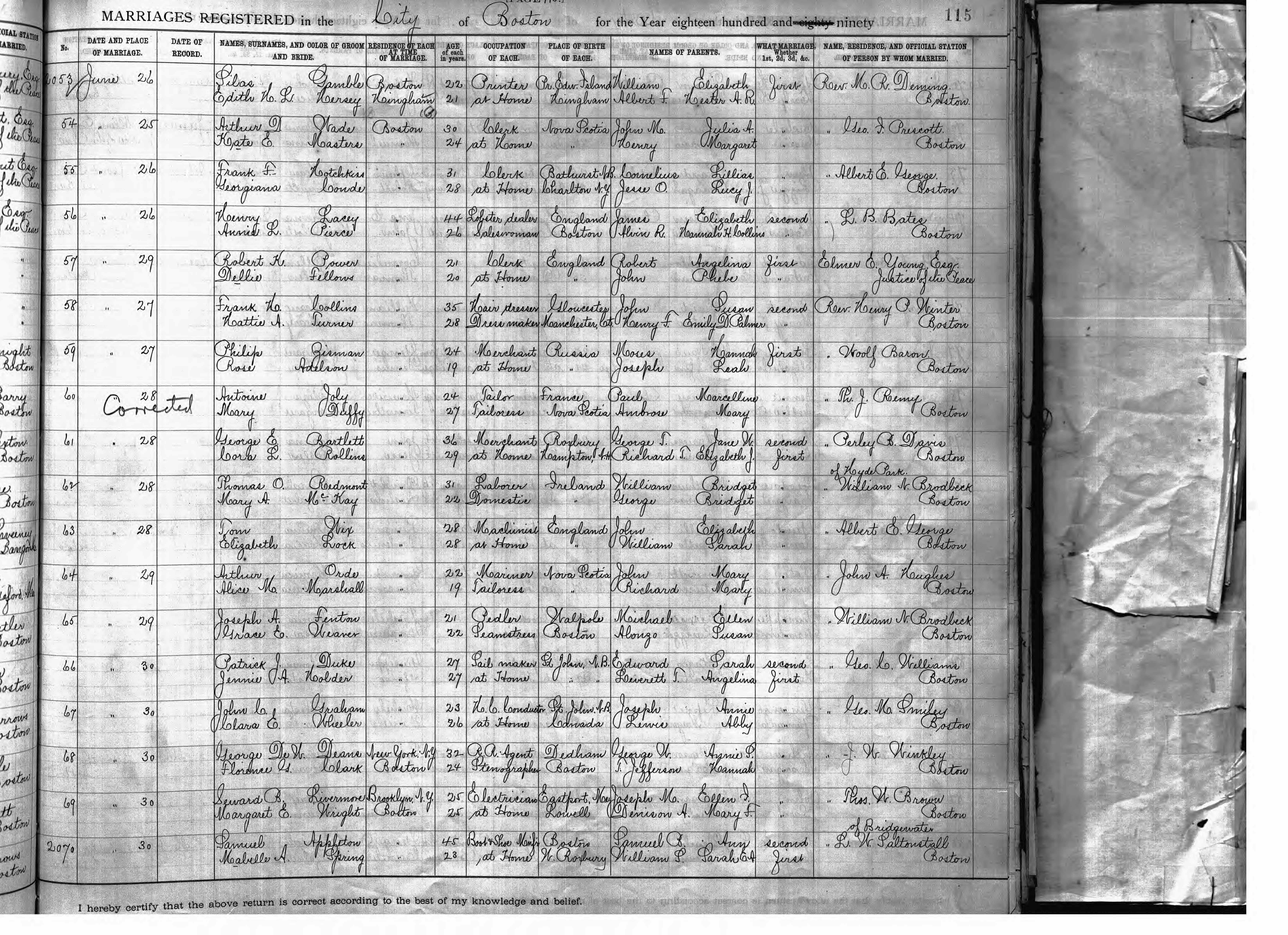 Massachusetts, Marriage Records, 1840-1915